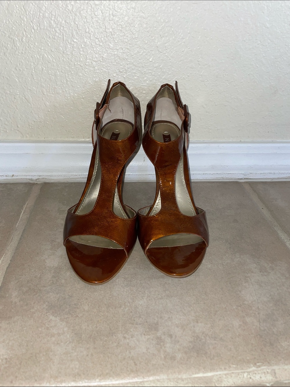 Nine West Brown T-Strap Peep Toe Heels